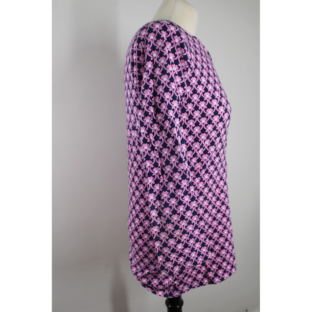 Talbots Size M Pink Navy Blue Floral Geometric Boatneck 3/4 Sleeve Tee Top - Picture 2 of 7